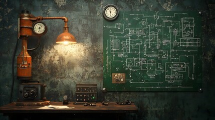 Poster - A dimly lit room filled with old worn electrical blueprints and antique scientific instruments evoking the mysterious experimental world of Nikola Tesla s rumored secret inventions