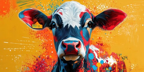 Poster - Vivid and Artistic Portrait of a Cow with Colorful Abstract Paint Splashes and Bold Yellow Background Highlighting the Animal's Lively Expression