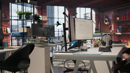 Poster - empty ai tech agency workspace providing custom software development services. machine learning tech