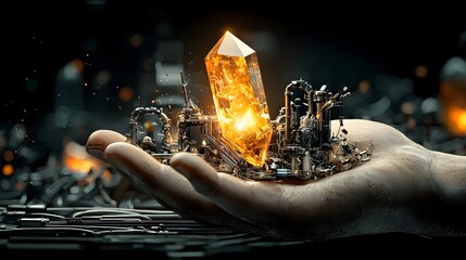 Poster - A scientist or researcher holding an unidentified glowing crystal believed to be a powerful new energy source in a futuristic conceptual and imaginative digital or rendering