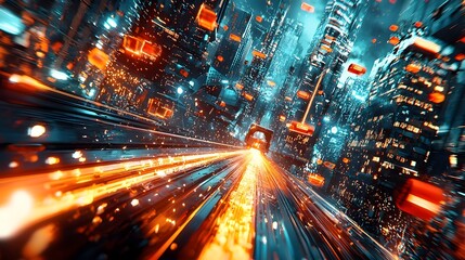 Poster - A wide angle view of an automated steel rolling mill facility producing long metal beams in a futuristic high tech industrial landscape at night with motion blur and vibrant lighting effects