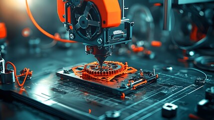 Leinwandbilder - Advanced 3D Printer Constructing a Complex Self Replicating Nano Machine in a Dimly Lit Laboratory Setting Showcasing the Latest Innovations in Automated Manufacturing and Nanotechnology