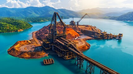 Poster - Aerial view of a massive iron ore processing facility with intricate conveyor belt systems situated in a picturesque mountain landscape with a tranquil lake