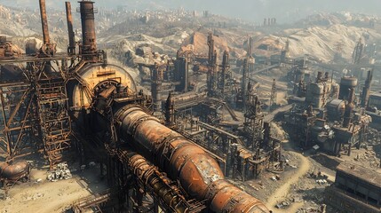 Poster - Aerial view of a vast steel mill with a complex network of pipes furnaces conveyor belts and other industrial machinery set against the backdrop of a dense urban cityscape