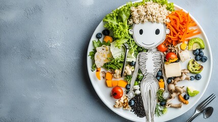 Aufkleber - Artfully arranged balanced meal plate in the shape of a human body showcasing a variety of fresh and colorful vegetables fruits grains and protein depicting a healthy nutritious