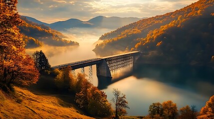 Poster - Breathtaking autumnal mountain landscape with a futuristic quantum powered hydroelectric dam overlooking a serene river and valley