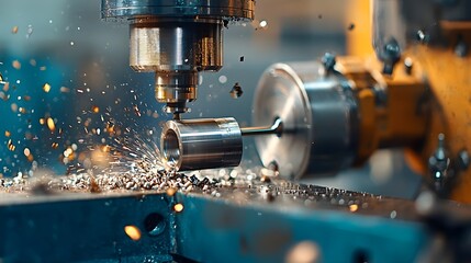 Poster - Close up view of a metal lathe machine actively shaping and cutting a cylindrical steel component in an industrial workshop setting