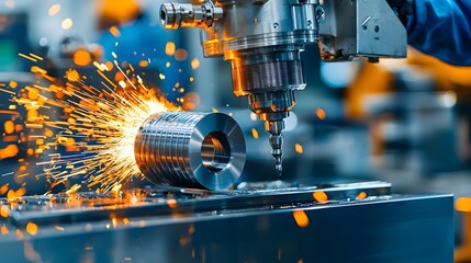 Fototapete - Close up view of a metal lathe machine shaping and cutting a cylindrical steel component with sparks flying in a high tech manufacturing or industrial workshop setting