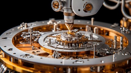Fototapete - Close up view of a robotic welding machine meticulously assembling a complex metal structure in an industrial manufacturing setting showcasing advanced automation technology and precision engineering
