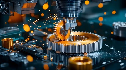 Aufkleber - Close up view of a high precision industrial gear being machined with advanced tools and machinery in a modern manufacturing workshop