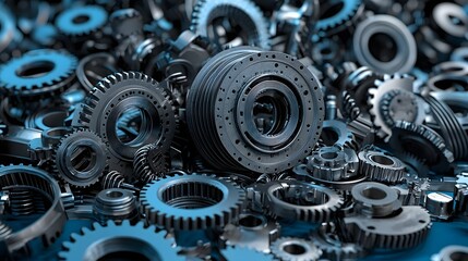 Poster - Close up view of an array of complex metal gears cogs and components in an industrial metal stamping plant that produces parts for the automotive industry