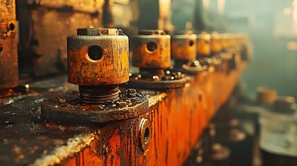 Poster - Close up view of the powerful hydraulic pistons driving a large industrial mechanical press an essential component in various manufacturing and production processes across industries