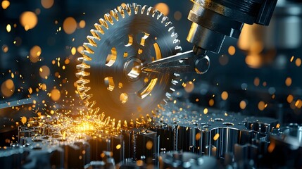 Fototapete - Close up view of an industrial gear being precisely machined with powerful tools creating a shower of metallic sparks