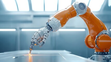 Poster - Closeup of a high speed robotic arm precisely cutting metal sheets with a powerful plasma cutter in an advanced industrial manufacturing setting  The sparking