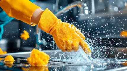 Aufkleber - Closeup of a person s hands wearing yellow rubber gloves scrubbing a kitchen sink with flowing sparkling water