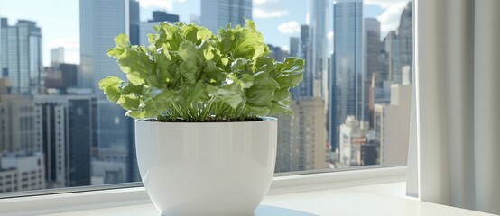 Poster - In a modern interior, a pot of green leaves beside large windows offers a city view, an open space for text, and increased natural light