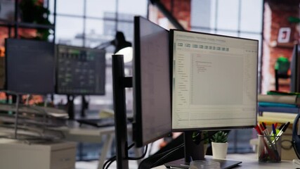 Poster - pc in startup office used to design and implement algorithms enabling machine learning. technology u