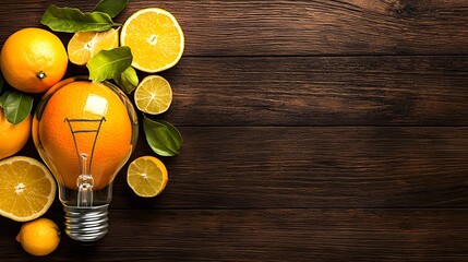 Poster - Conceptual image of a light bulb made from various citrus fruits like oranges lemons and limes symbolizing fresh ideas innovation and the health benefits of vitamin C