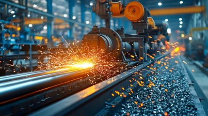 Poster - Conveyor belt transporting glowing hot steel rods through a heavy industrial manufacturing plant