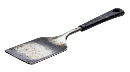 Old metal spatula with black handle on transparent background