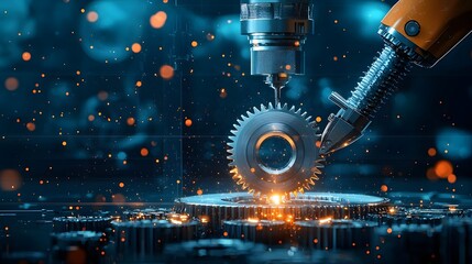 Poster - Detailed view of an industrial gear being precisely machined using advanced cutting and grinding tools generating bright orange sparks against a dark blue background