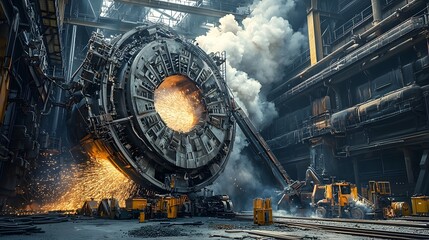Leinwandbilder - Dramatic View of Gigantic Smelting Furnace Releasing Thick Steam and Bright Sparks as Metal is Intensely Refined in an Industrial Production Facility