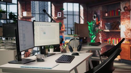 Poster - pc in empty it startup office displaying programming languages used for building applications. compu