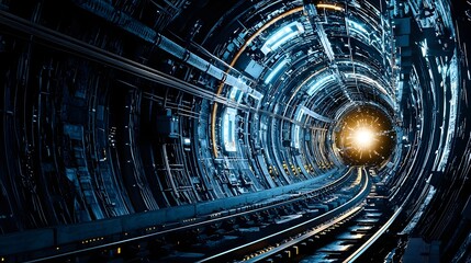 Poster - Exploring the depths of a highly classified and advanced teleportation experiment  showcased through an intricately designed  futuristic technical tunnel filled with glowing lights