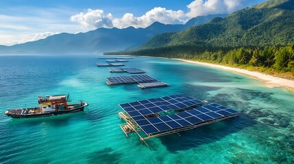 Poster - Floating solar farm generating renewable energy through photovoltaic panels installed on platforms above the turquoise ocean waves in a scenic tropical landscape with lush green mountains and a clear