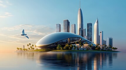 Leinwandbilder - Futuristic city skyline with skyscrapers and towers constructed entirely from electric vehicle charging stations reflecting in the water at sunset