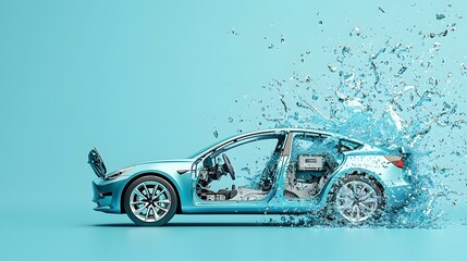 Aufkleber - Futuristic electric vehicle emerging from a dynamic splash of clean blue energy showcasing the innovative design and eco friendly potential of sustainable transportation solutions for the future