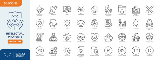 Intellectual property line editable icon set. Containing copyright, trademark, registered, service mark, business idea, patent symbols and more. Vector illustration.