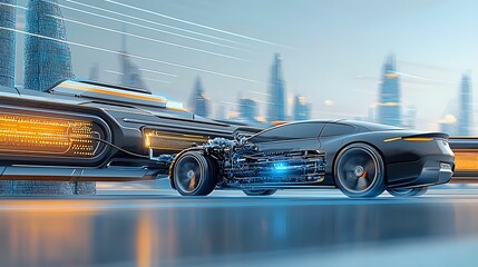 Aufkleber - Futuristic hydrogen powered car refueling at a modern hydrogen station with a glowing blue gas dispenser and a cityscape skyline in the background showcasing the future of sustainable transportation