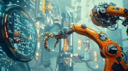 Poster - Futuristic industrial facility with advanced AI controlled robotic machinery and automation systems in a high tech innovative factory setting  The scene depicts a complex intricate