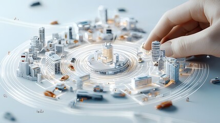 Leinwandbilder - Futuristic miniature city model with electric and autonomous vehicles held in a human hand showcasing a sustainable and advanced urban infrastructure concept for the future