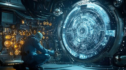 Poster - Futuristic interior scene with a room filled with holographic projections and displays of intricate complex blueprints and schematics for unknown advanced machinery devices and structures