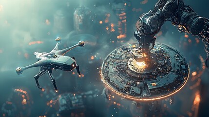 Fototapete - Futuristic robotic arm meticulously assembling an autonomous military drone in a high tech advanced manufacturing environment