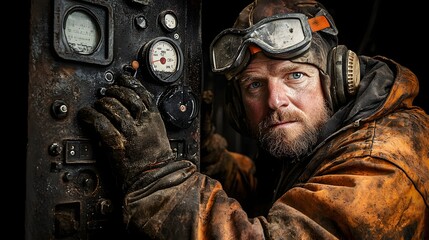 Aufkleber - Industrial worker in protective equipment inspecting and monitoring the control panel of a blast furnace in a steel manufacturing facility maintaining and ensuring the safe of heavy machinery