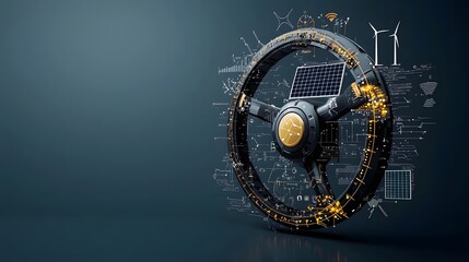Fototapete - Innovative steering wheel design featuring solar panels wind turbines and water energy symbols showcasing a futuristic concept for sustainable transportation and clean technology