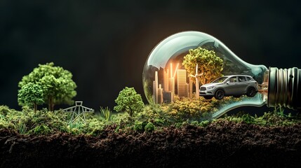 Poster - Light Bulb Filled with Miniature Electric Car and Green Energy Symbols Concept Representing Sustainable Transportation and Clean Energy Solutions for the Future
