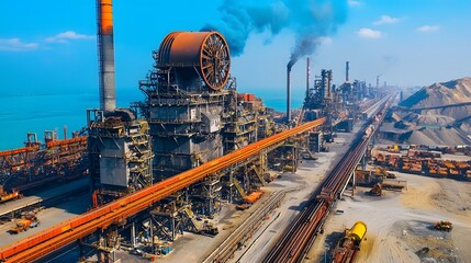 Poster - Massive industrial conveyor system transporting raw materials such as coal steel and ore at a heavy equipment depot or logistics facility  The scene shows a complex network of pipes machinery