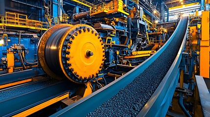 Poster - Massive industrial conveyor system transporting raw materials such as metal steel or other materials through a modern automated manufacturing facility or factory for processing and production