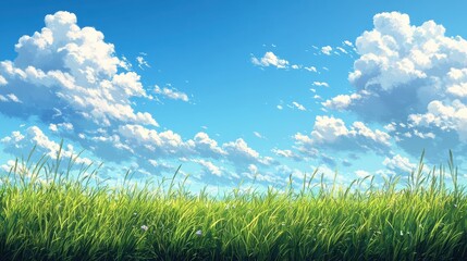 Wall Mural - Lush Green Grass Field Under a Clear Blue Sky with Fluffy White Clouds in a Tranquil Natural Setting