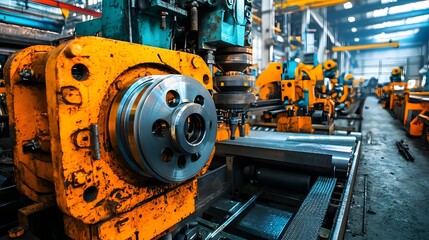 Poster - Massive industrial press machine shaping and forming metal parts and components in a large high tech factory production facility  Manufacturing and metalworking equipment automation