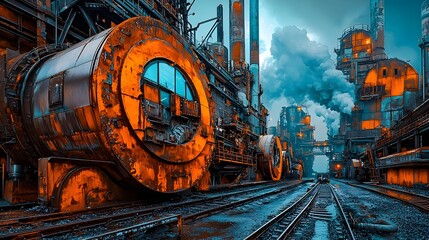 Aufkleber - Massive interconnected industrial conveyor system transporting raw materials through a futuristic dystopian urban landscape filled with towering machinery billowing smoke