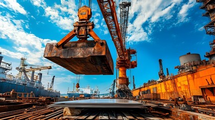 Aufkleber - Massive overhead crane lifting and transporting heavy steel plates inside a large industrial factory setting