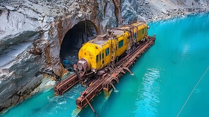 Poster - Massive underground hydroelectric train traversing through a secret mountain tunnel surrounded by a turquoise river and towering rock formations