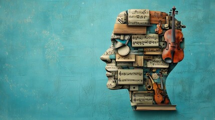 Poster - Melodic Face A Surreal and Captivating Portrait Composed of a Human Face Made Up of Various Musical Instruments Notes and Rhythmic Elements