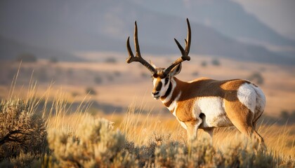 majestic pronghorn buck displaying antlers in vibrant autumn landscape, wildlife photography showcas