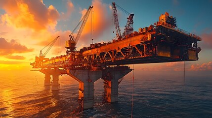 Poster - Offshore oil and gas production platform undergoing inspection and maintenance at sunset  Engineers and technicians working on the steel structure to ensure safety and efficiency